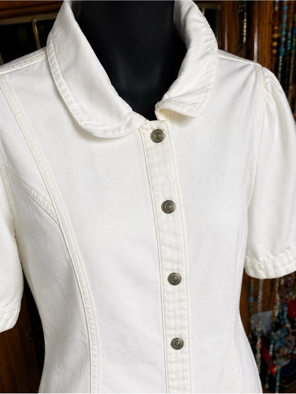 Sincerely Jules Denim Mini Dress white button-front shirt dress puff sleeves xl - Picture 3 of 9
